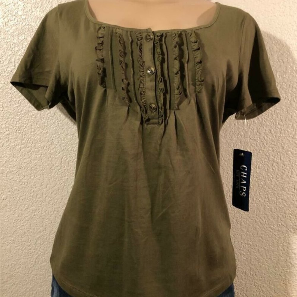 CHAPS U neck Women Sz L Blouse Short sleeve Solid Color Green